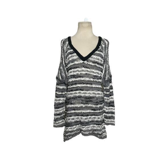 Free People gray white striped open knit v neck oversize sweater size XS - Picture 5 of 12